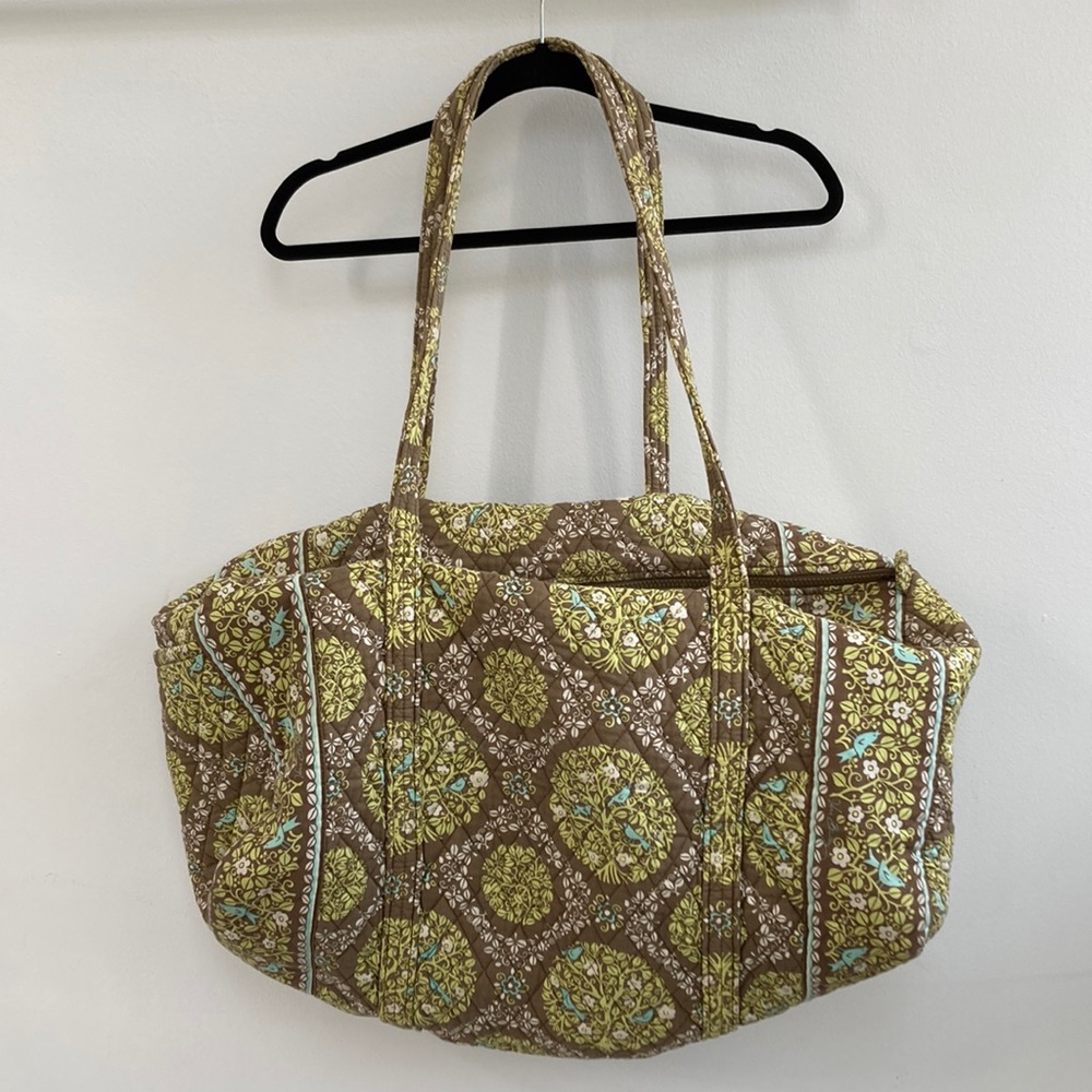 Large green Vera Bradley duffel bag with zipper closure and large side pocket